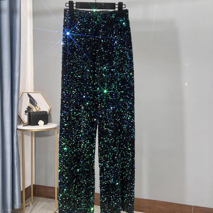 Autumn and Winter New Korean Velvet Sequin Wide Leg Pants Long Dose Slimming Mop Pants Shiny Casual Straight Pants for Women