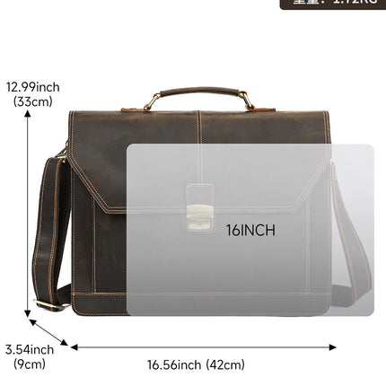 Masiwei Crazy Horse Leather 16-Inch Briefcase Business Retro Flap Laptop Bag Genuine Leather Handheld Document Bag Trendy