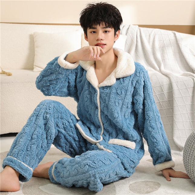 Autumn and Winter pajamas men's thickened fleece-lined warm coral fleece cartoon junior high school student home wear suit