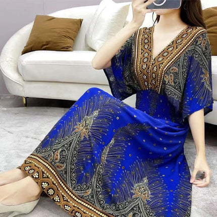 Cross-border ethnic style V-neck cotton silk short-sleeved beach skirt Thailand travel dress summer printed holiday floral skirt