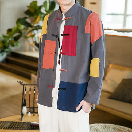 Cotton and Linen Spring 2022 Chinese Style Men's Clothing Stitching Vertical Collar Button Retro National Fashion Tang Suit Hanfu Jacket Coat