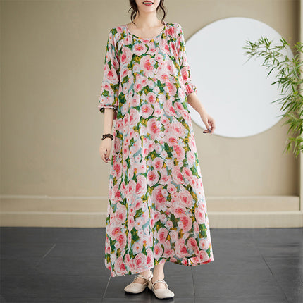 Real shot 2025 spring new literary retro long sleeve age-reducing temperament women's printing casual long dress