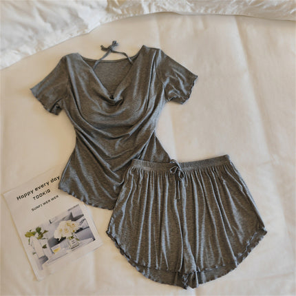 Girls' Pajamas Modal Cotton Short-Sleeved Shorts Summer Lace Women's Three-Piece Casual Home Wear Set with Breast Pads