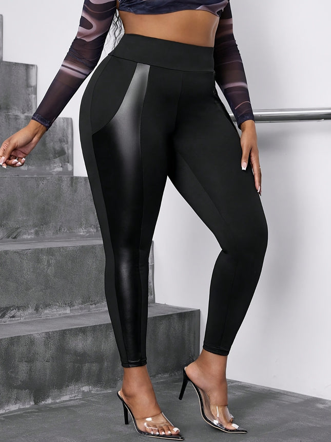 Plus Size Women's Cross-Border Black Imitation Leather Splicing High-Waisted Leggings for Fat mm Slimming Look Elastic Leggings European and American Clothing