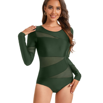 Women's Long Sleeve One Piece Swimsuit in Deep Green V Cross-Border