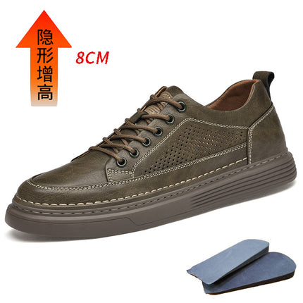 Summer Hollow Invisible Height-increasing 8CM Board Shoes Cowhide Surface Breathable Youth Shoes Lace-up Platform Outdoor Sports Men's Shoes