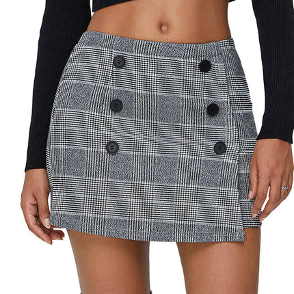 Amazon Cross-Border Women's Plaid Tight Mini Hip-Hugging Short Skirt 2025 Button Autumn and Winter Skirt Retro