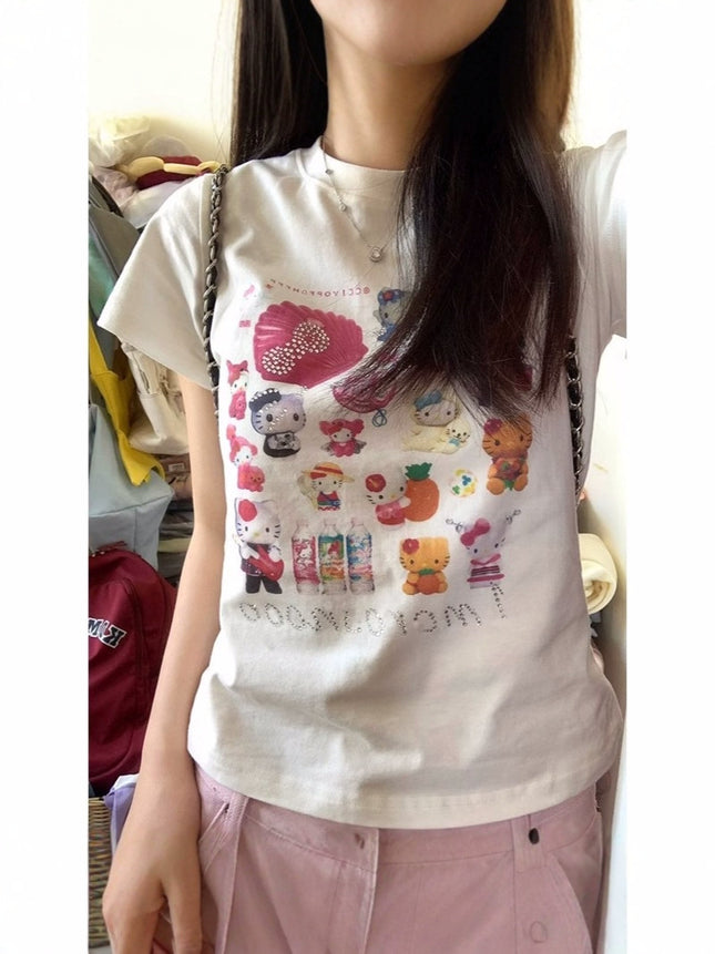 Pure Cotton White Right Shoulder Cat Short-Sleeved T-Shirt for Women Summer Design Niche American Short Sexy Slim Top