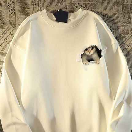 Lazy Style Cat Casual Long-sleeved fleece-lined Sweat Women's Autumn and Winter Loose Design Niche Couple's Crewneck Top