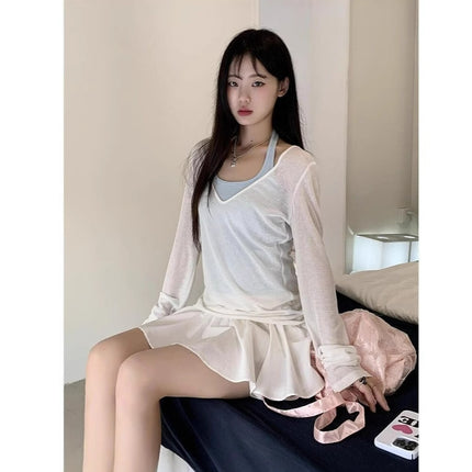 Mint Green Thin Layered V Neck Sun Protection Long-Sleeved T-Shirt for Women Summer Slimming Look Right Shoulder Pure Color Top