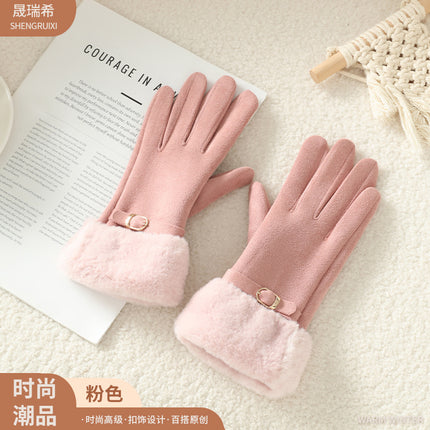 Suede Women's Thickeneded Velvet Gloves Wholesale Outdoor Cycling Suede Korean Style Cute Touch Screen Gloves Dropshipping