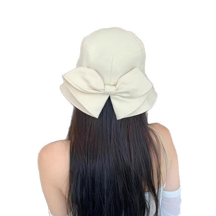 Women's Sun Protection Hat Summer Japanese Style Casual Hepburn Style Bowknot Versatile Wide-Brimmed Sunshade Bucket Hat