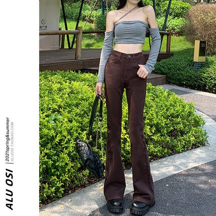 Brown Flared Jeans for Women, 2025 New Autumn Vintage High-Waisted Slimming Bell-Bottom Floor-Length Pants