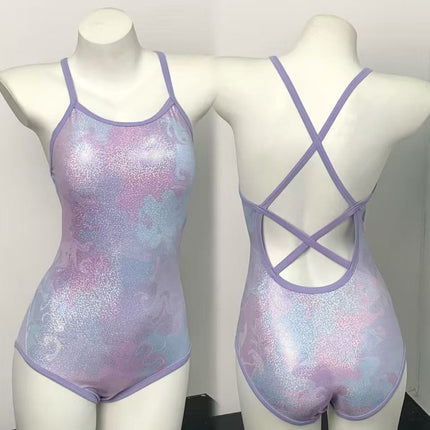 Colorful 2025 New Racing One-Piece Swimsuit for Women, Starry Sky Purple Glittering Fixed Breast Cup Swimming Pool Special Swimsuit