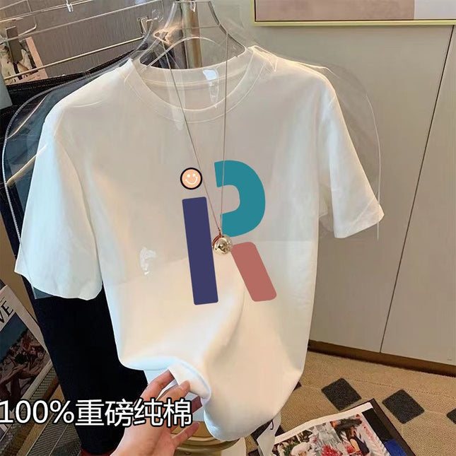 2024 New Shoulder Printed Cotton Short-sleeved Men's and Women's T-shirt Fashionable All-match Slimming White Top Base Shirt