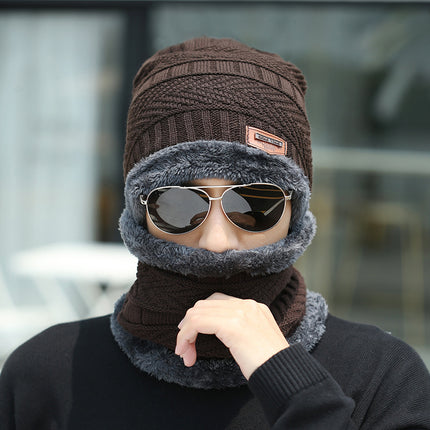 Winter Hat Two-Piece Set for Men and Women, Warm Knitted Woolen Hat with Fleece Lining, Cycling Cold-Proof Neck Warmer, Men's Cotton Hat Set