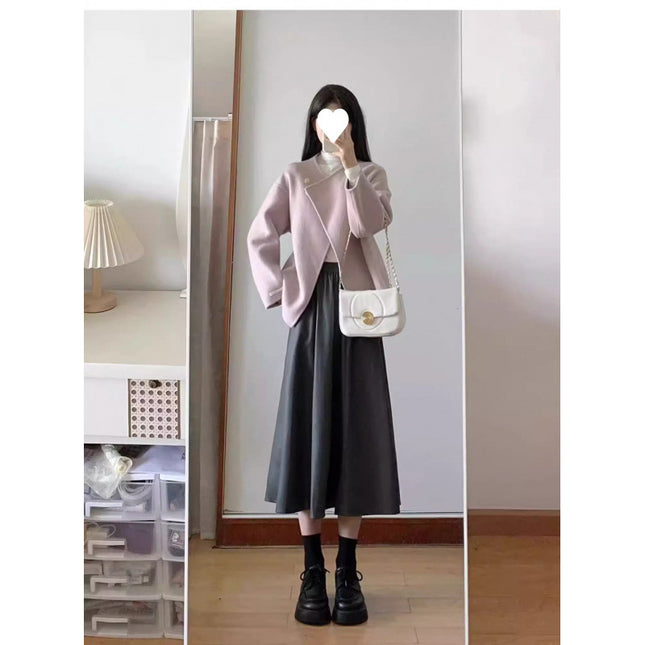 Autumn and Winter Small Tea Style Wear Pink Woolen Coat Skirt Small Chanel Style High-end Two-piece Suit for Women