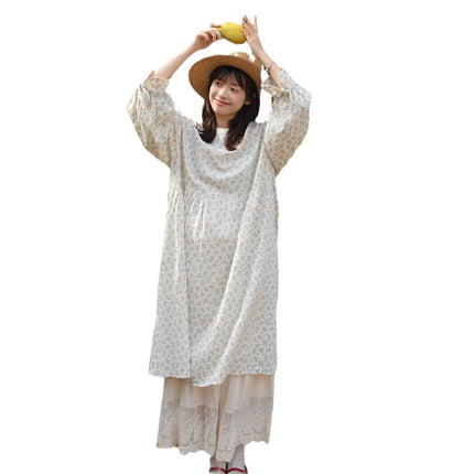 Mori Style Sweet Crewneck Pullover Floral dress Slimming Casual plus size Slimming Niche Design Long Dress New
