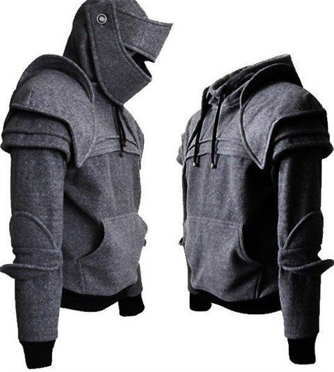 Halloween Sweatshirt Male Knight Hooded Elbow Guard Drawstring Mask Pullover Kangaroo Bag Solid Color Jacket Sweatshirt Cos