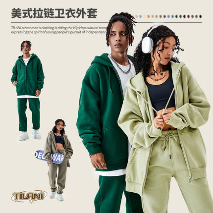 Tilani Cross-Border Men's Sweatshirt Velvet Jacket European and American 350g Autumn and Winter Zipper Hoodie Thick Pure Color Sweatshirt