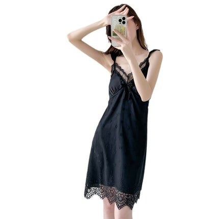 New Sexy Slip Skirt Nightgown Two-piece Ice Silk Pajamas Women's Summer Spring and Autumn Thin Lace Nightgown Home Clothes