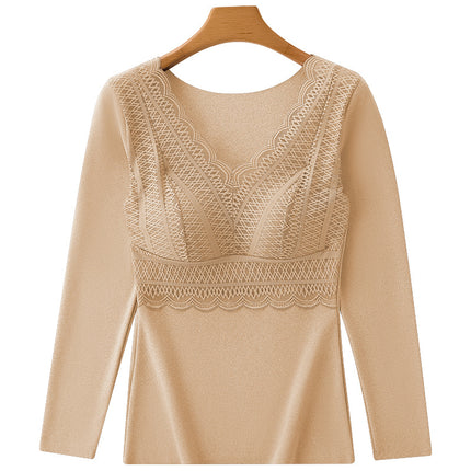 Thickened Double-Sided German Velvet Integrated Cup with Exquisite Lace Trim, Warm Long-Sleeved Thermal Layer