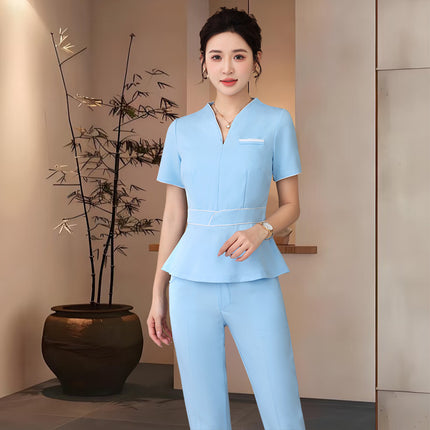 Summer Beauty Salon Short-Sleeved Technician Uniforms for Women, High-End Spa Club Foot Bath and Head Therapy Beautician and Waitress Work Uniforms