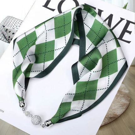 2026 New Magnetic Buckle Small Silk Scarf with Geometric Patterns and Rhinestones, Magnetic Necklace Scarf, Women's Hairband Scarf