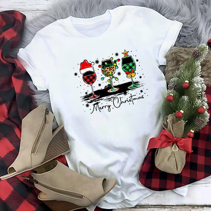 Women Casual Fun Crew Neck Tees Christmas t Shirt Red Wine g