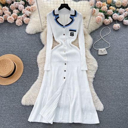 Cross-Border Aliexpress New Color-Blocked Lapel Knitted Dress Embroidered French-Style Long Dress Waist-Cinching Slimming Sweater Dress for Women