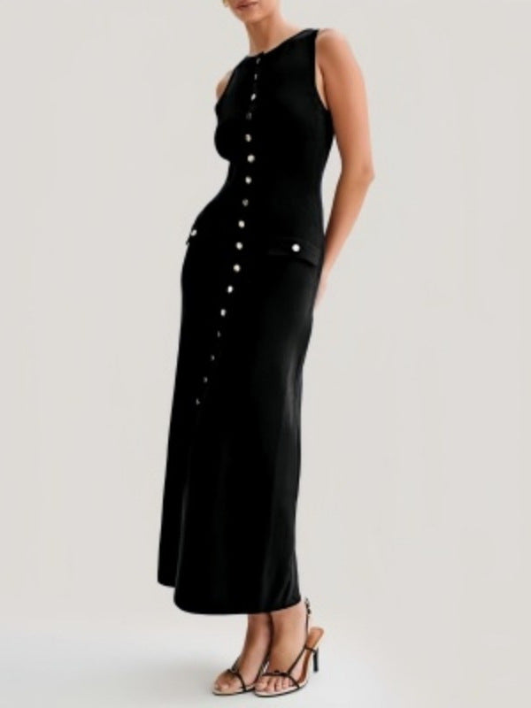 Cross-Border European and American Clothing Aliexpress Hot Wholesale European and American Style Women's Solid Color Sleeveless Knitted Mid-Length Dress