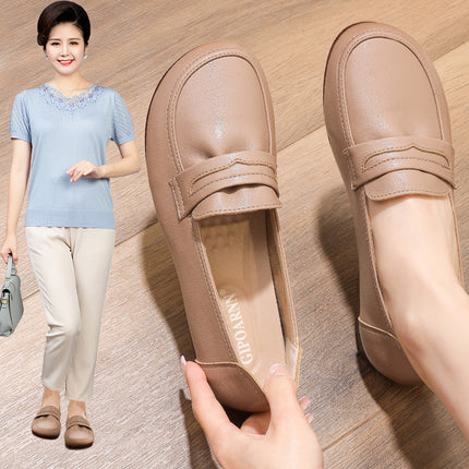 Mom's Shoes for Middle-Aged Women 2026 New Style Non-Slip Comfortable Spring and Autumn Flat Shoes for Middle-Aged and Elderly People Soft-Soled Leather Shoes