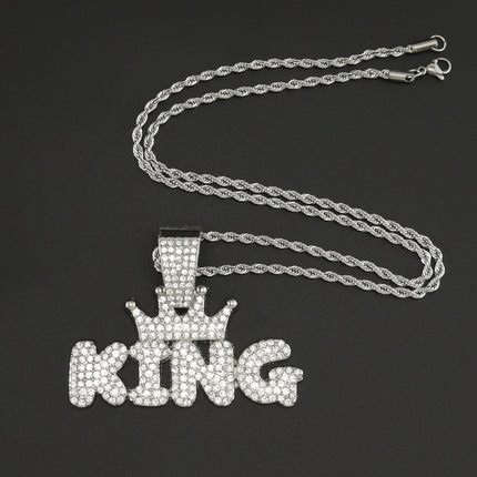 European and American INS TikTok Hip-Hop Alloy Necklace with Diamond Exaggerated Big Button Pendant Crown KING Letter Fashion Accessories
