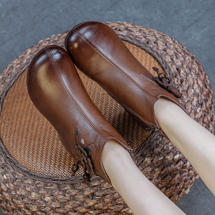 Genuine Leather Boots for Women 2025 Autumn and Winter New Style Thick Heel Soft Sole Fleece-Lined and Cotton Short Boots First Layer Cowhide Flower Women's Boots