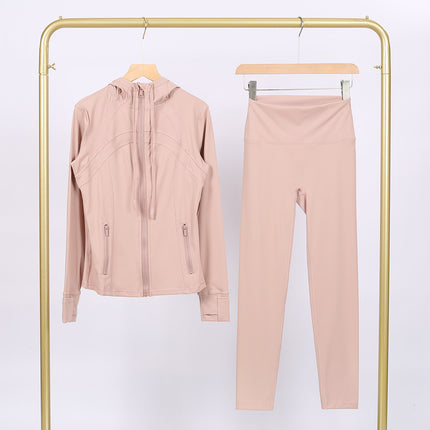 Lulu Df Stamped Hooded Jacket and Cropped Pants Set, Tight-Fitting Stretch Jacket with Gold Zipper, Fitness Yoga Outfit