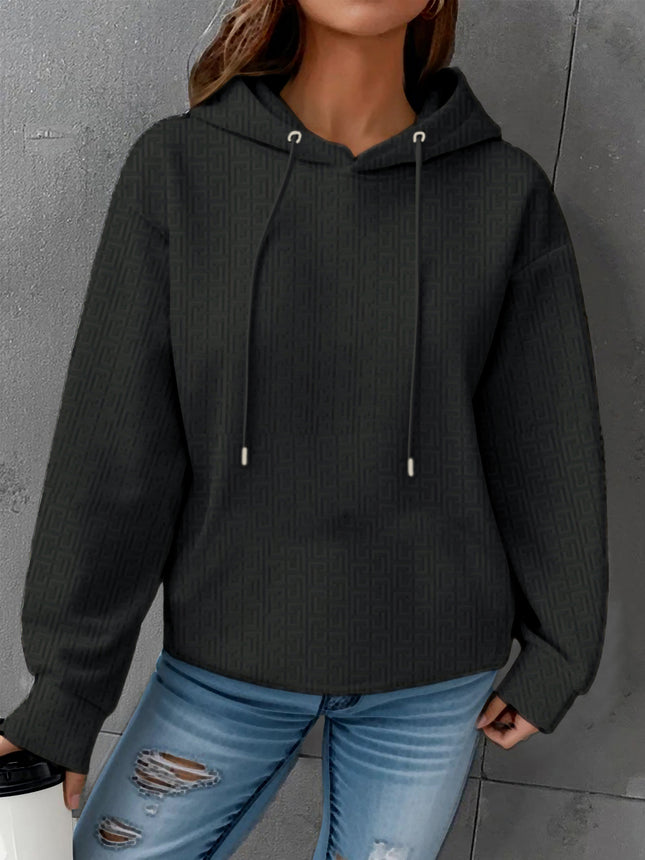 European Size Autumn and Winter Casual and Comfortable Pure Color Black Drawstring Round Neck Versatile Sweatshirt Off-Shoulder Long-Sleeved Hooded Sweatshirt for Women