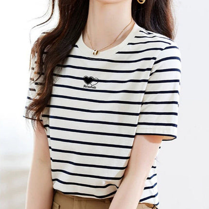 Korean Style Fashionable Half-Sleeved Women's Summer Black and White Stripesd Short-Sleeved T-Shirt Hong Kong Style Stitching Contrasting Color Bottoming Top Ins Half-Sleeved