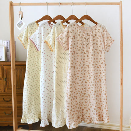 Women's Cotton Double-layer Gauze Baby's Cotton Nightdress Summer New Short-sleeved plus size Loose Thin Cotton Home Clothes