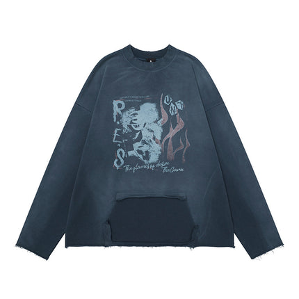 # OVDY 430g combed cotton terry sweater retro spray color old wash water imitation worn round neck sweater for men and women