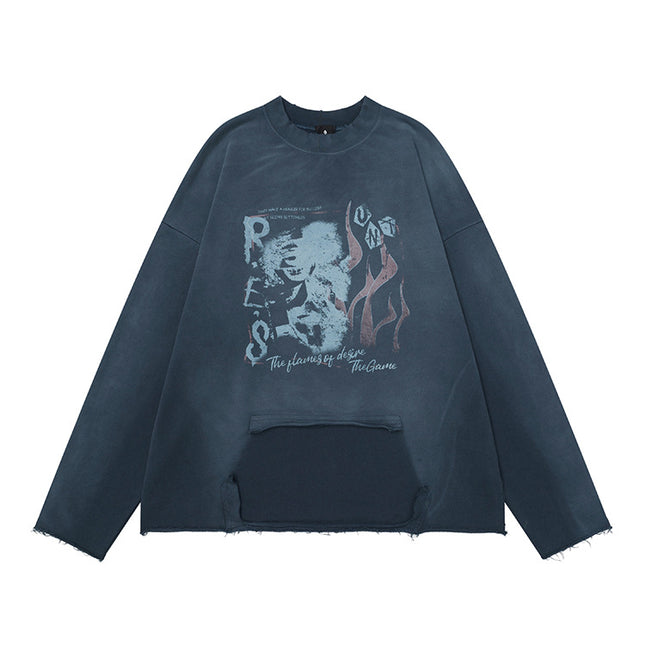 # OVDY 430g combed cotton terry sweater retro spray color old wash water imitation worn round neck sweater for men and women
