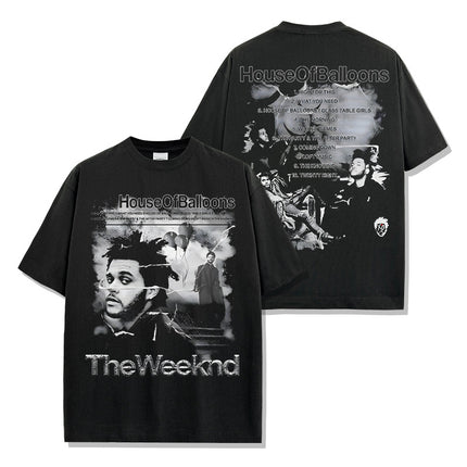 Cross-border American hip-hop potted brother The Weeknd printed short sleeve t-shirt loose crew neck hooded sweater wholesale
