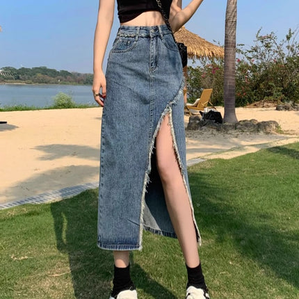 High Waist Slimming Denim Skirt Women's Trendy All-match Summer Lightweight New Irregular Split A- Line Mid-length Skirt