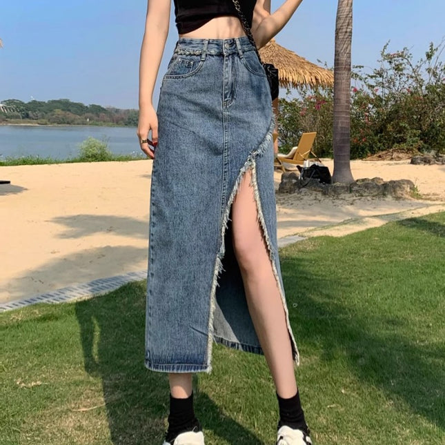 High Waist Slimming Denim Skirt Women's Trendy All-match Summer Lightweight New Irregular Split A- Line Mid-length Skirt