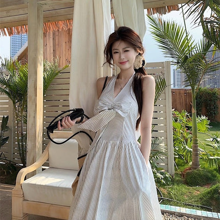 Gentle Style Stripesd Bow Halter V-Neck Dress for Women Summer Seaside Vacation A-Line Skirt French Style Long Skirt