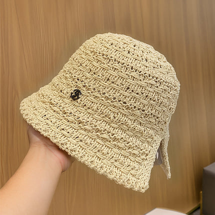 French Cut Out Woven Seaside Straw Hat for Women Summer Large Brim Sun Protection Hat Large Head Circumference Foldableable Fisherman Hat Trendy