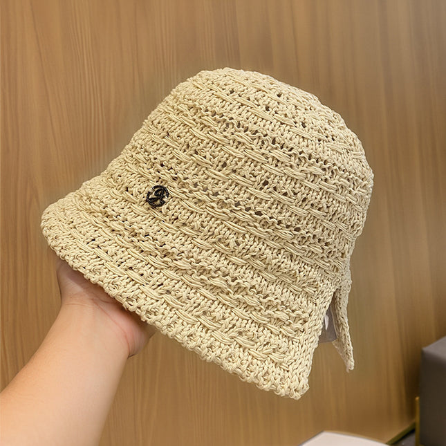 French Cut Out Woven Seaside Straw Hat for Women Summer Large Brim Sun Protection Hat Large Head Circumference Foldableable Fisherman Hat Trendy