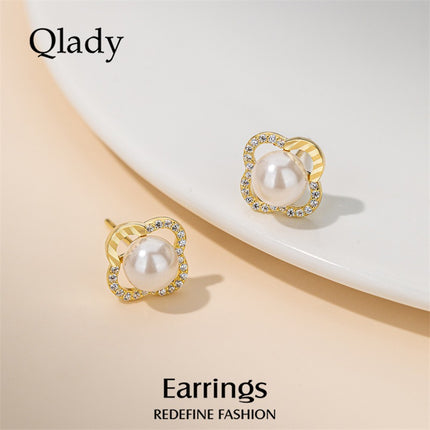 Four-Leaf Clover Earrings, Imitation Pearl Studs for Women, 925 Sterling Silver Earrings, New Popular Style, High-End Ear Cartilage Studs