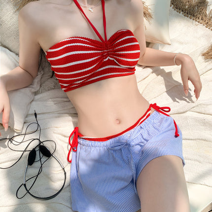 Halter Neck Strapless Striped Sexy Bikini Swimsuit for Women, Three-Piece Korean Ins Hot Girl Vacation Hot Spring
