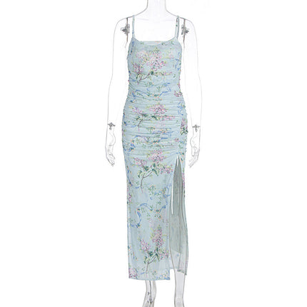European and American Cross-Border Summer Women's Clothing: Spaghetti Strap Square Neck Floral Split Dress with a Youthful Design, Elegant and Sexy