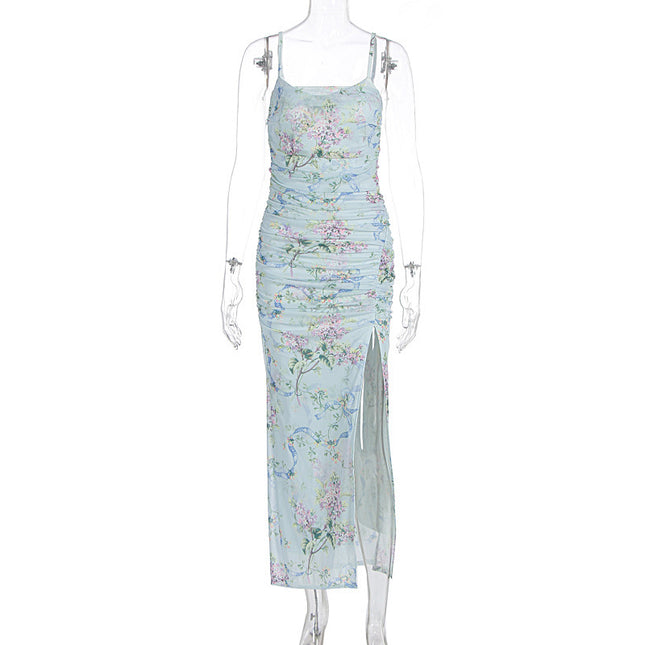 European and American Cross-Border Summer Women's Clothing: Spaghetti Strap Square Neck Floral Split Dress with a Youthful Design, Elegant and Sexy